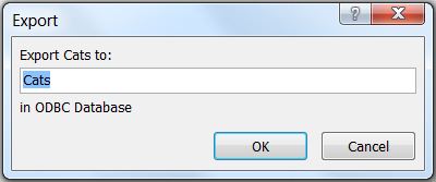 Example Export dialog shows a table named "Cats" entered and ready to be exported.