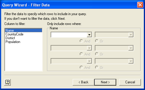 The left pane titled "Column to filter" lists available columns, and the right pane titled "Only include rows where" with six select boxes each with "And" and "Or" options for defining the filter's WHERE clause behavior.