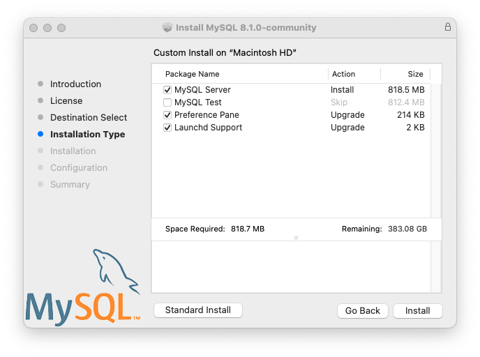 Customize shows three package name options: MySQL Server, MySQL Test, Preference Pane, and Launchd Support. All three options are checked.