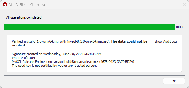 It shows "The data could not be verified", and also shown is key information, such as the KeyID and email address, the key's sign on date, and also displays the name of the ASC file..