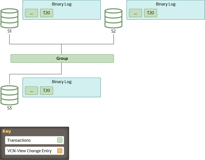 Servers S1, S2, and S3 are members of the group. The most recent item in all of their binary logs is transaction T20.