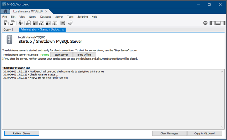 Administration - Startup / Shutdown tab showing the Stop Server, Refresh Status, Clear Messages, and Copy to Clipboard buttons.